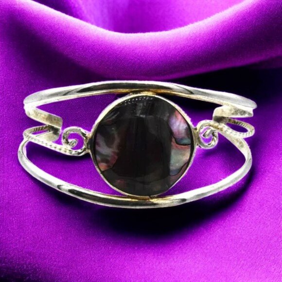 Vintage Abalone Circle Split Cuff Alpaca Mexico Silver Tone Bracelet - Picture 1 of 3